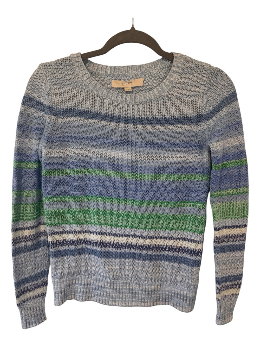 LOFT Women's Blue & Green Striped Crewneck Sweater Lightweight Size XS